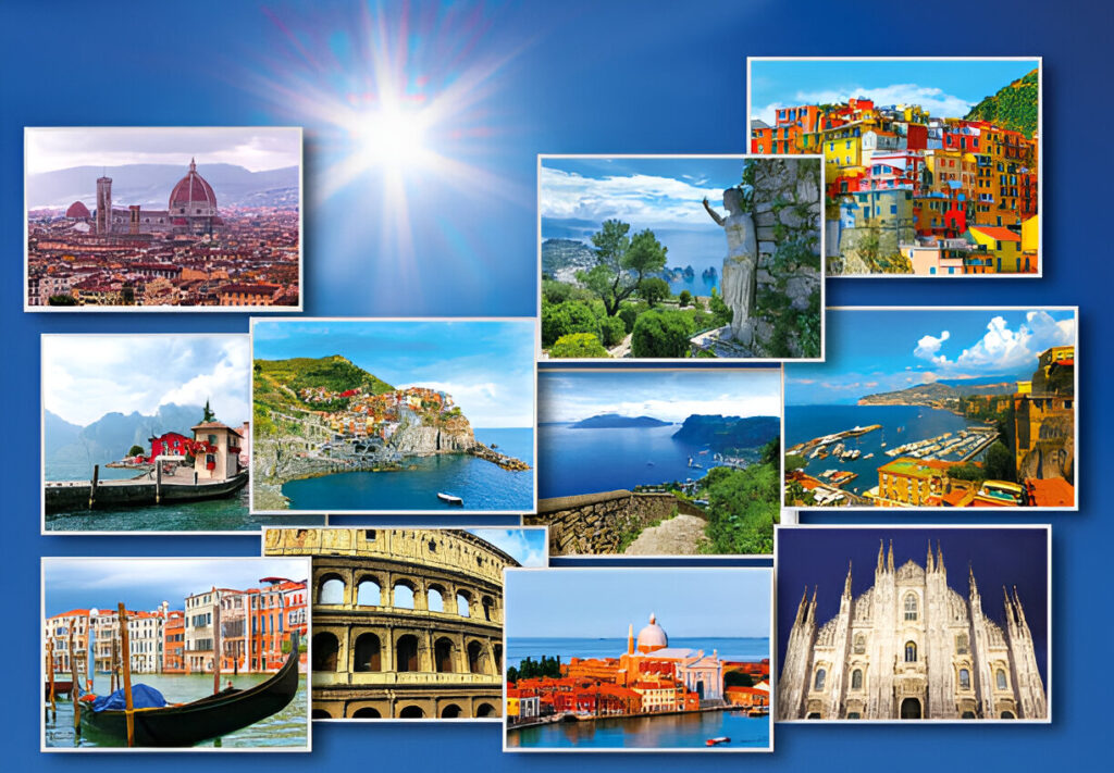 Collage of famous European landmarks and coastal towns including Venice, Rome, Milan Cathedral, Amalfi Coast, Cinque Terre, and more under a bright blue sky