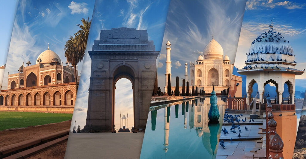 Collage of famous Indian landmarks including Humayun's Tomb, India Gate, Taj Mahal, and traditional Rajasthani architecture, showcasing India's rich cultural heritage
