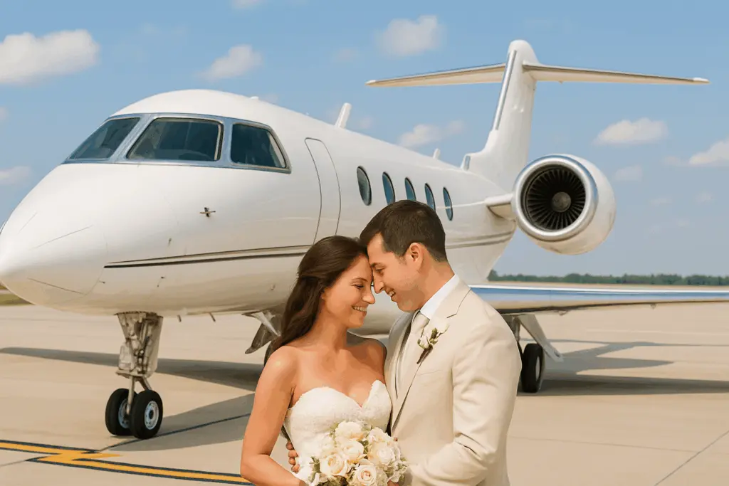 Bride and groom embracing in front of a private jet at an airport runway