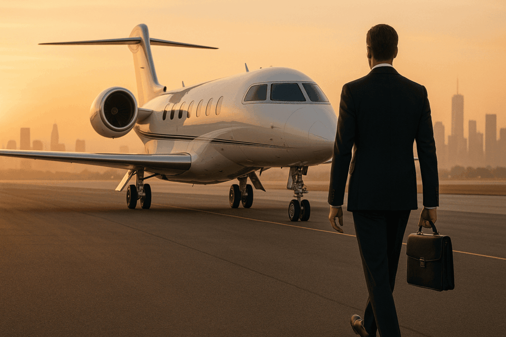A confident businessman in a suit with a briefcase walking toward a sleek private jet on a runway at sunrise with a modern city skyline in the background.