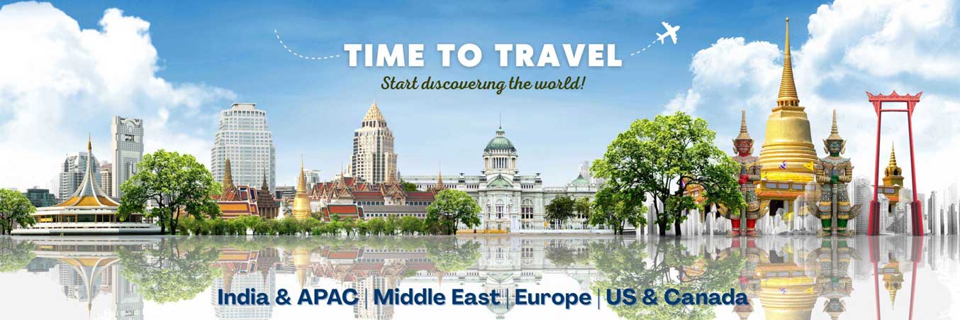 Travel banner featuring iconic landmarks from India, APAC, the Middle East, Europe, and North America with “Time to Travel” text and flying airplane