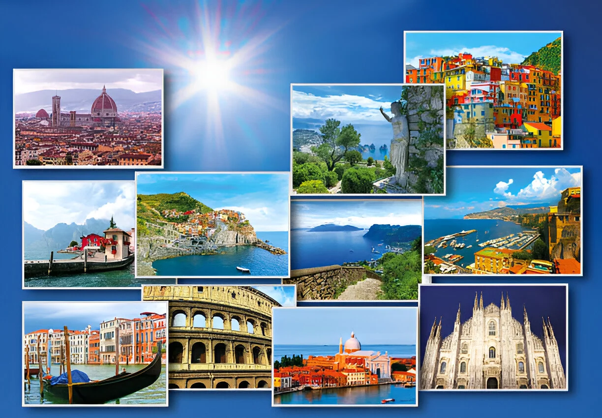 Collage of famous European landmarks and coastal towns including Venice, Rome, Milan Cathedral, Amalfi Coast, Cinque Terre, and more under a bright blue sky