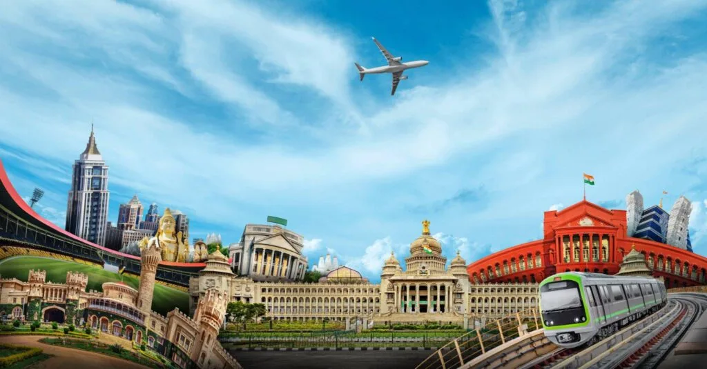 Collage of Indian landmarks including Mysore Palace, Vidhana Soudha, Indian Parliament, Bangalore Metro, and airplane flying in the sky