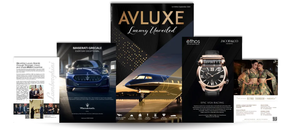 AVLUXE luxury lifestyle magazine featuring private jet, luxury car, premium watch and high-end fashion advertisements