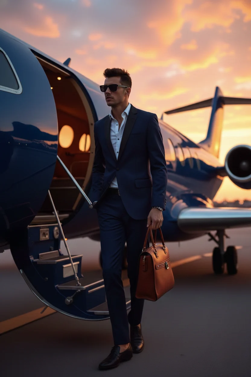Businessman boarding corporate private jet on runway