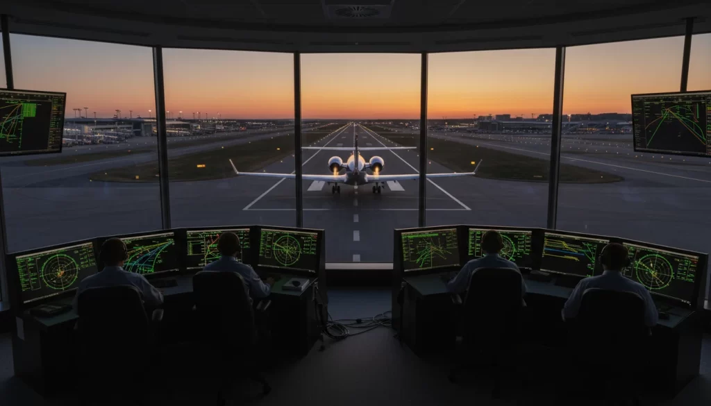 Private jet monitored by air traffic control during runway operations ensuring aviation safety