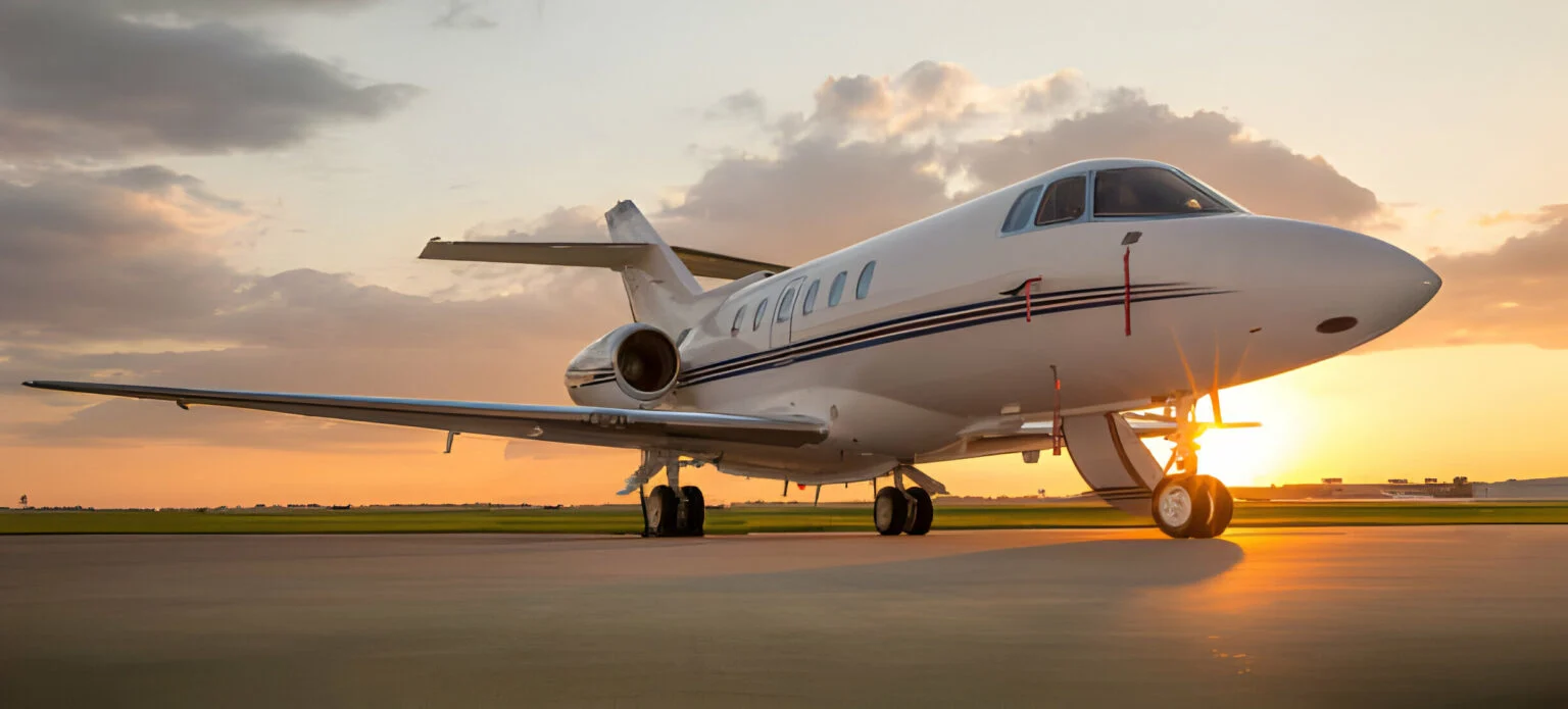 Private jet charter aircraft on runway at sunset ready for takeoff
